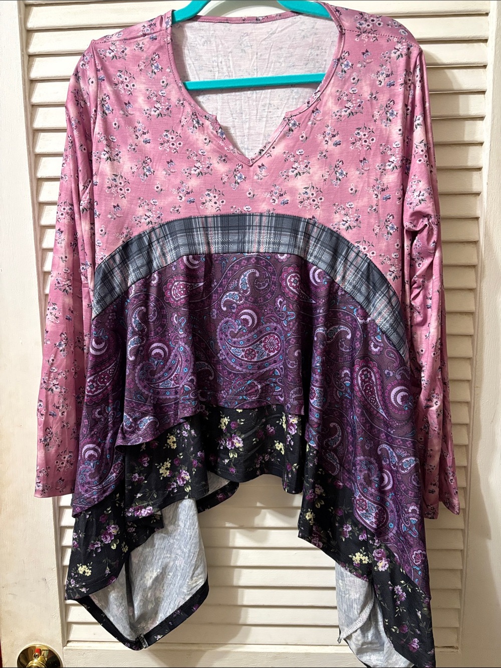 Source Unknown Mixed-Print Layered V-Neck Tunic in Pink and Purple